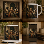 The Last Treat portrait shown as wall art, mug, greeting card, and phone wallpaper