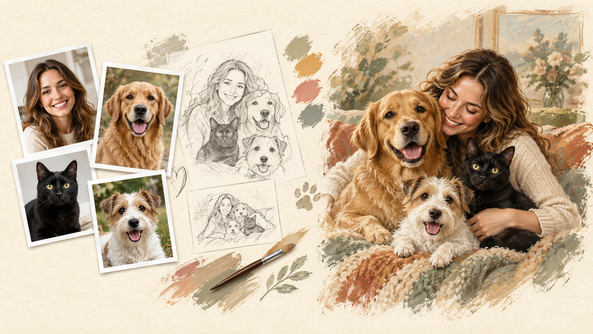 Separate family photos, an artist's composition study and the completed family portrait