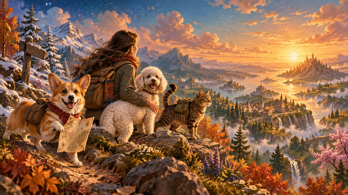 A person and three pets journeying together through one imaginative world