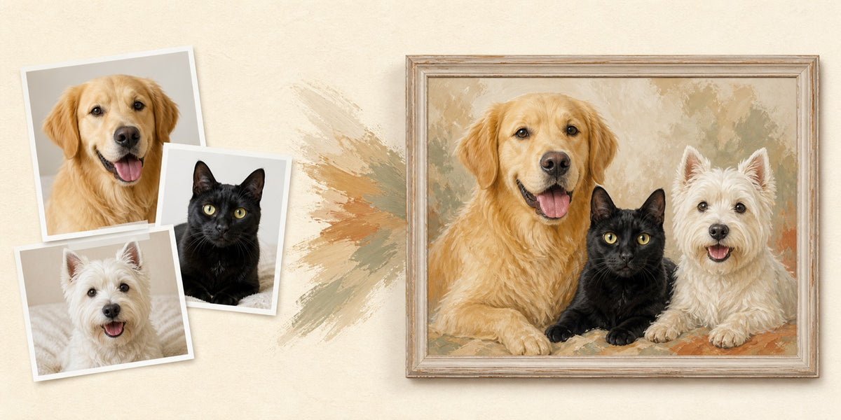 Separate pet photographs transformed into one shared family portrait
