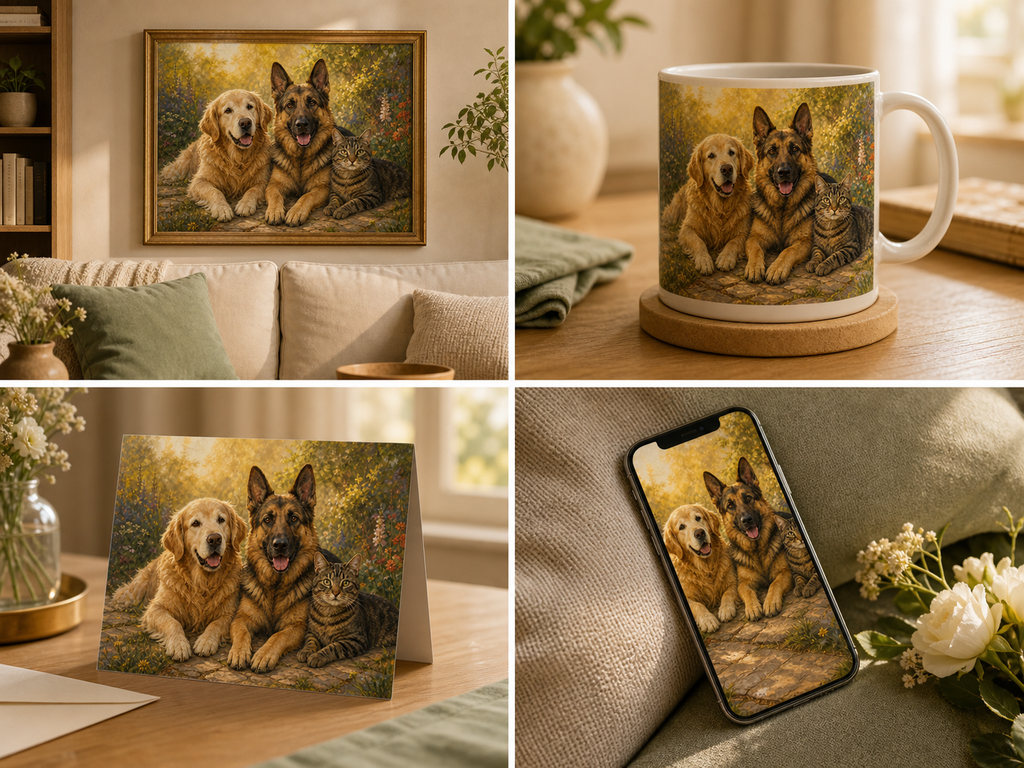 Past and present pets portrait shown as wall art, mug, remembrance card, and phone wallpaper