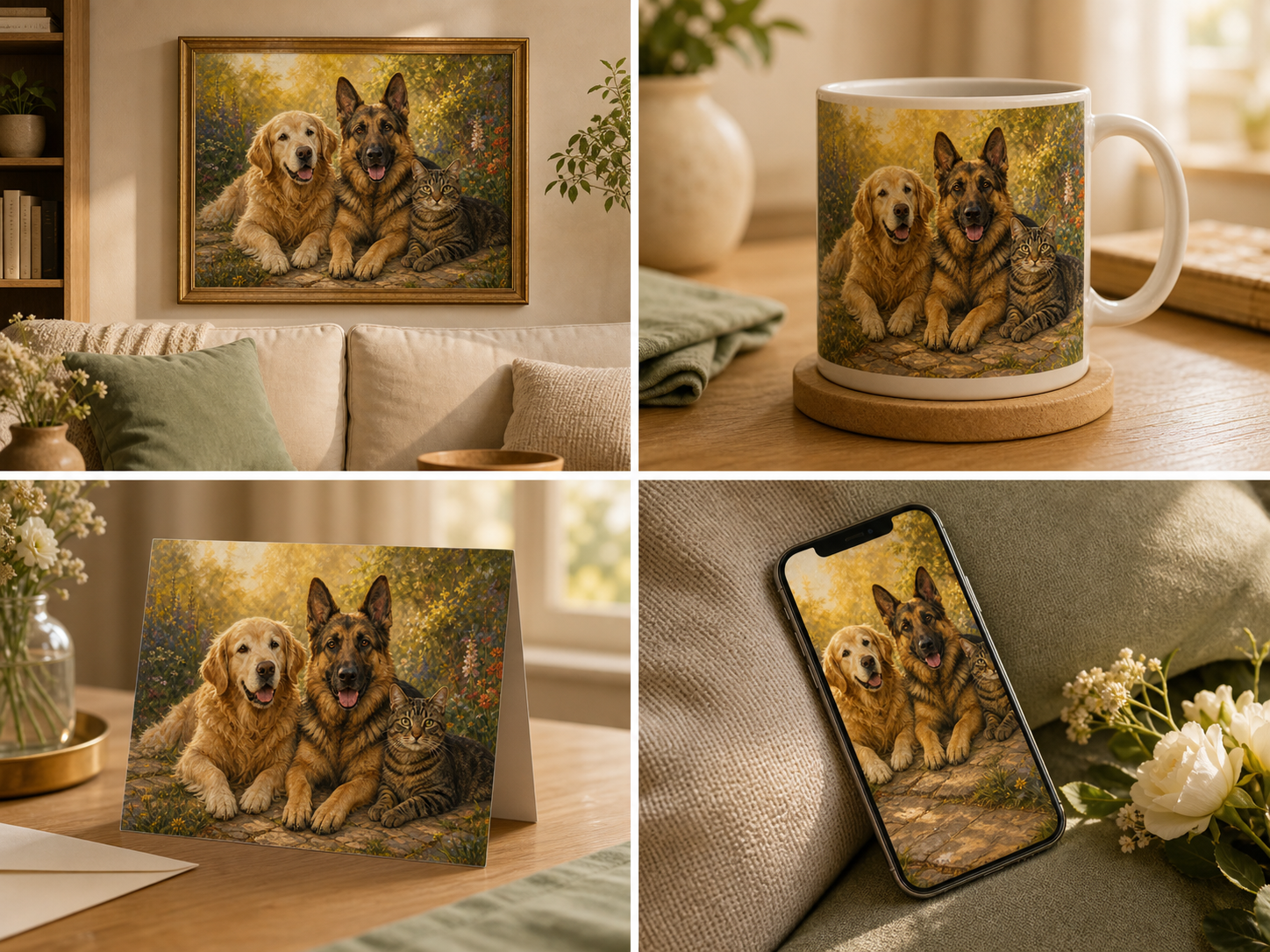 Past and present pets portrait shown as wall art, mug, remembrance card, and phone wallpaper