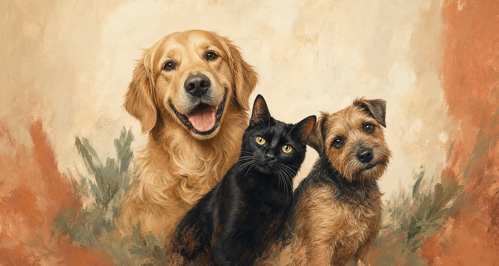 Three pets together in a custom painted portrait