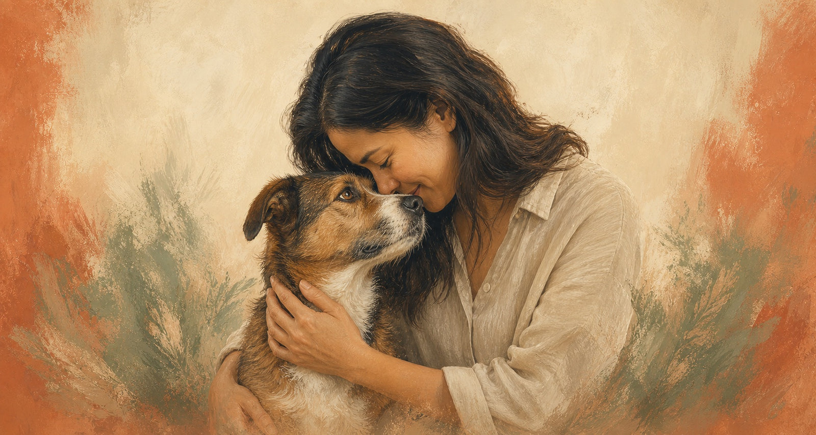 A woman sharing an affectionate moment with her dog in a custom painted portrait