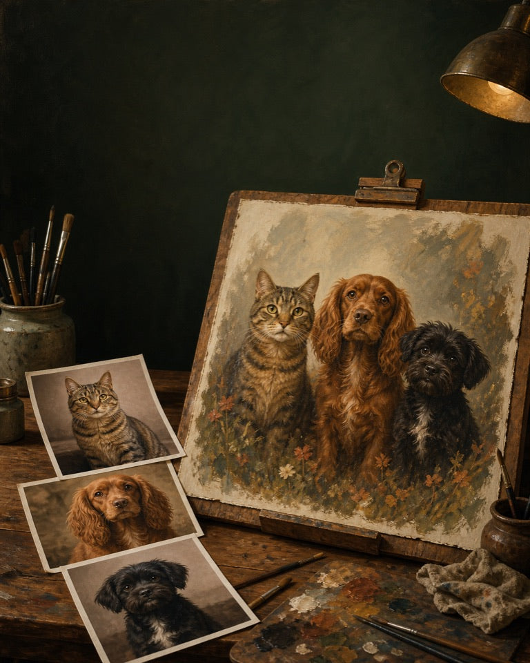 Three pets combined from separate photos into one custom multi-pet portrait