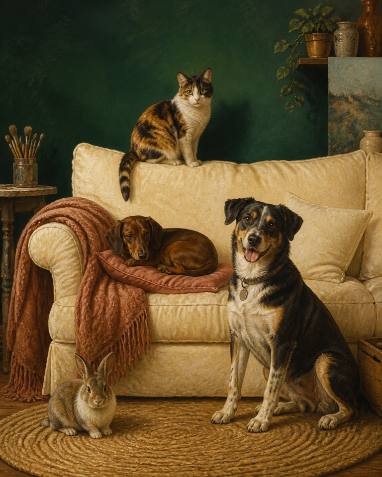 Four beloved pets together in one custom family portrait
