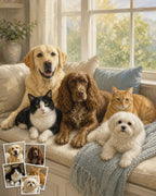Cozy Window Seat custom multi-pet portrait from separate photos