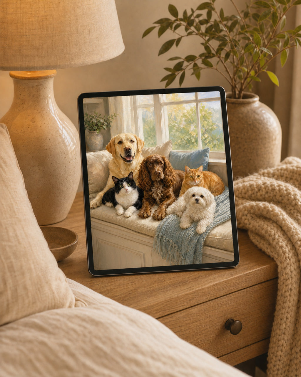 Cozy Window Seat pet portrait displayed on a tablet