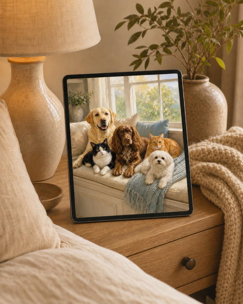 Cozy Window Seat pet portrait displayed on a tablet