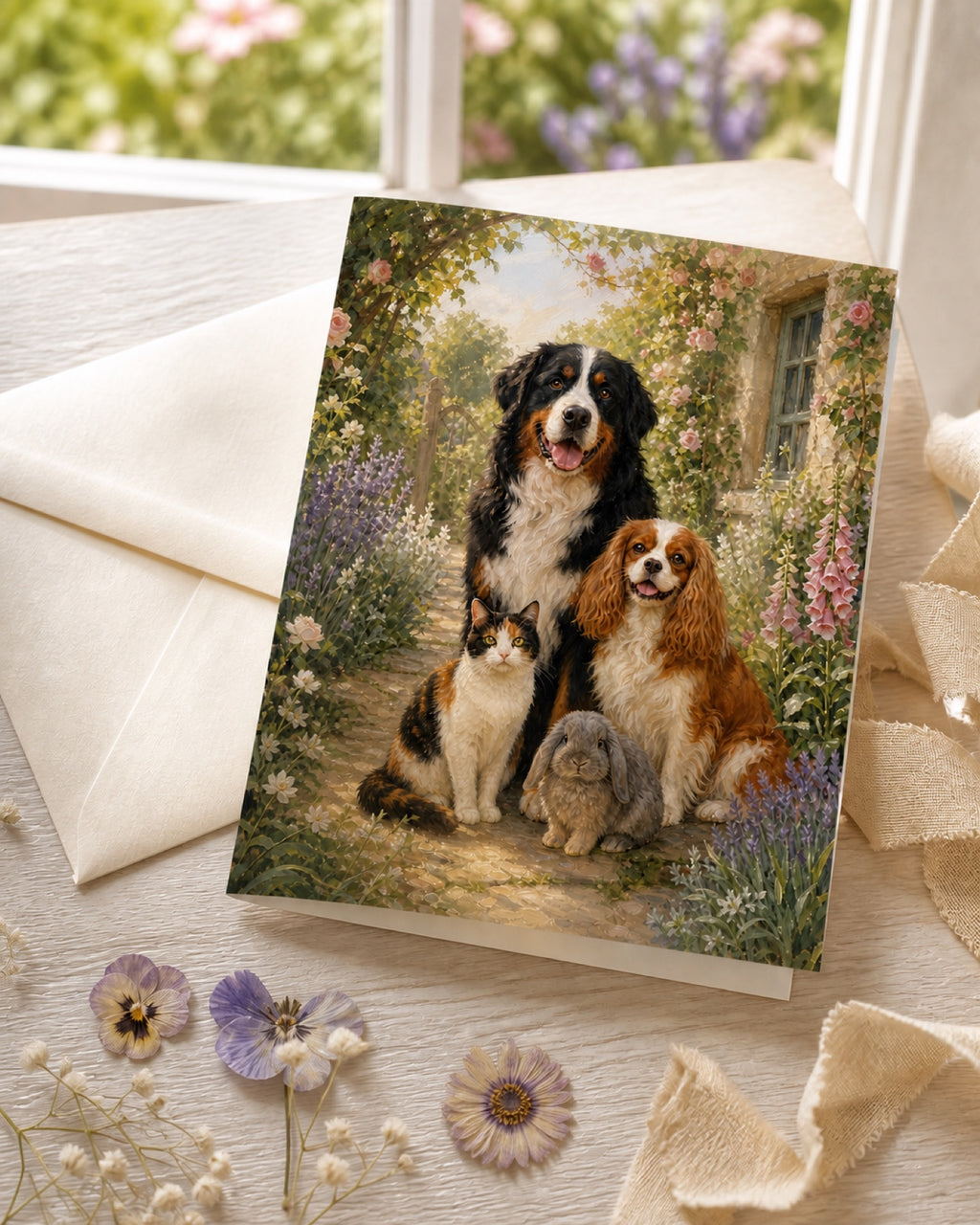 English Garden pet portrait shown on a greeting card