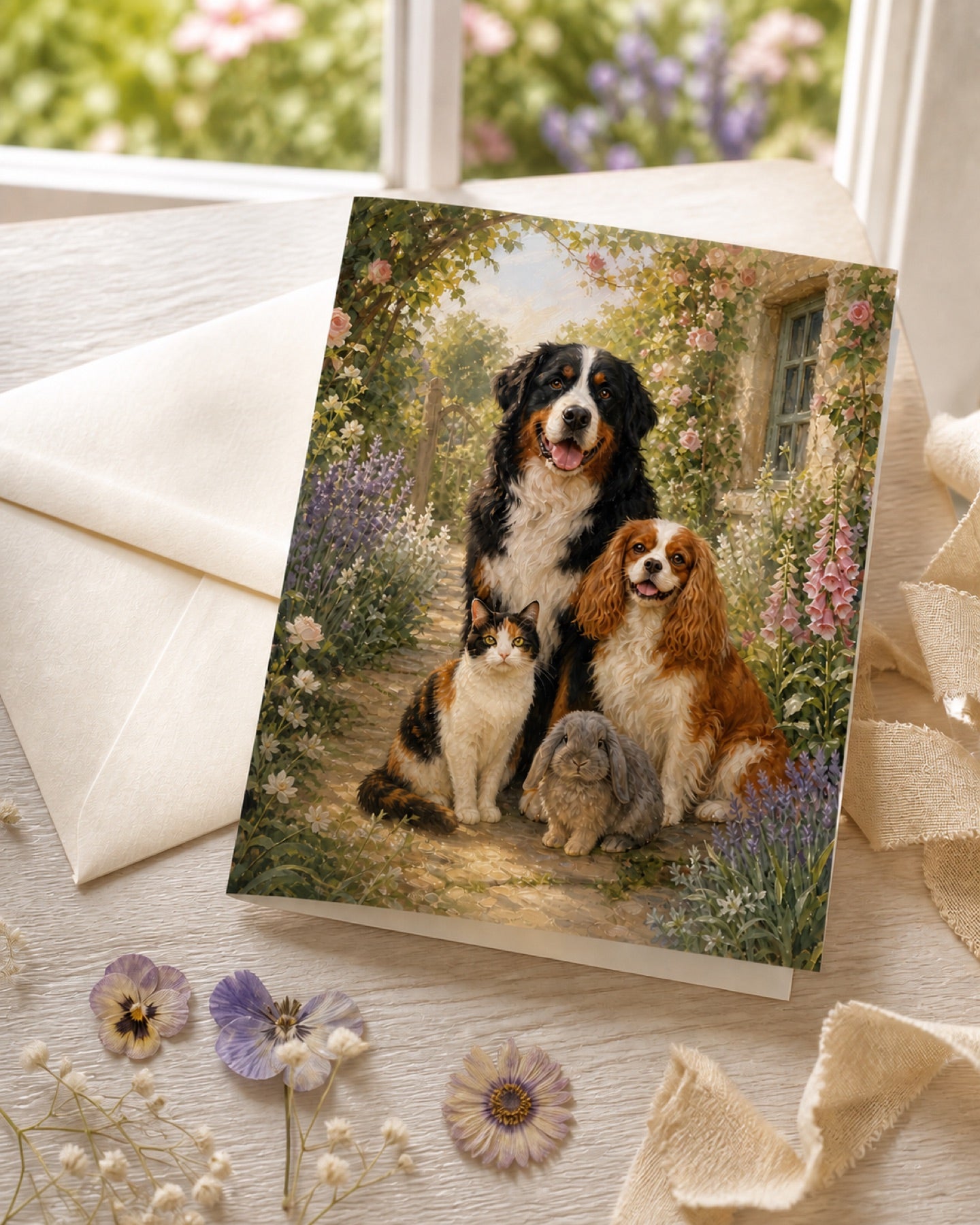 English Garden pet portrait shown on a greeting card