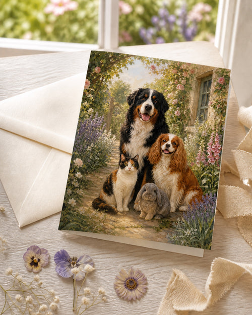 English Garden pet portrait shown on a greeting card
