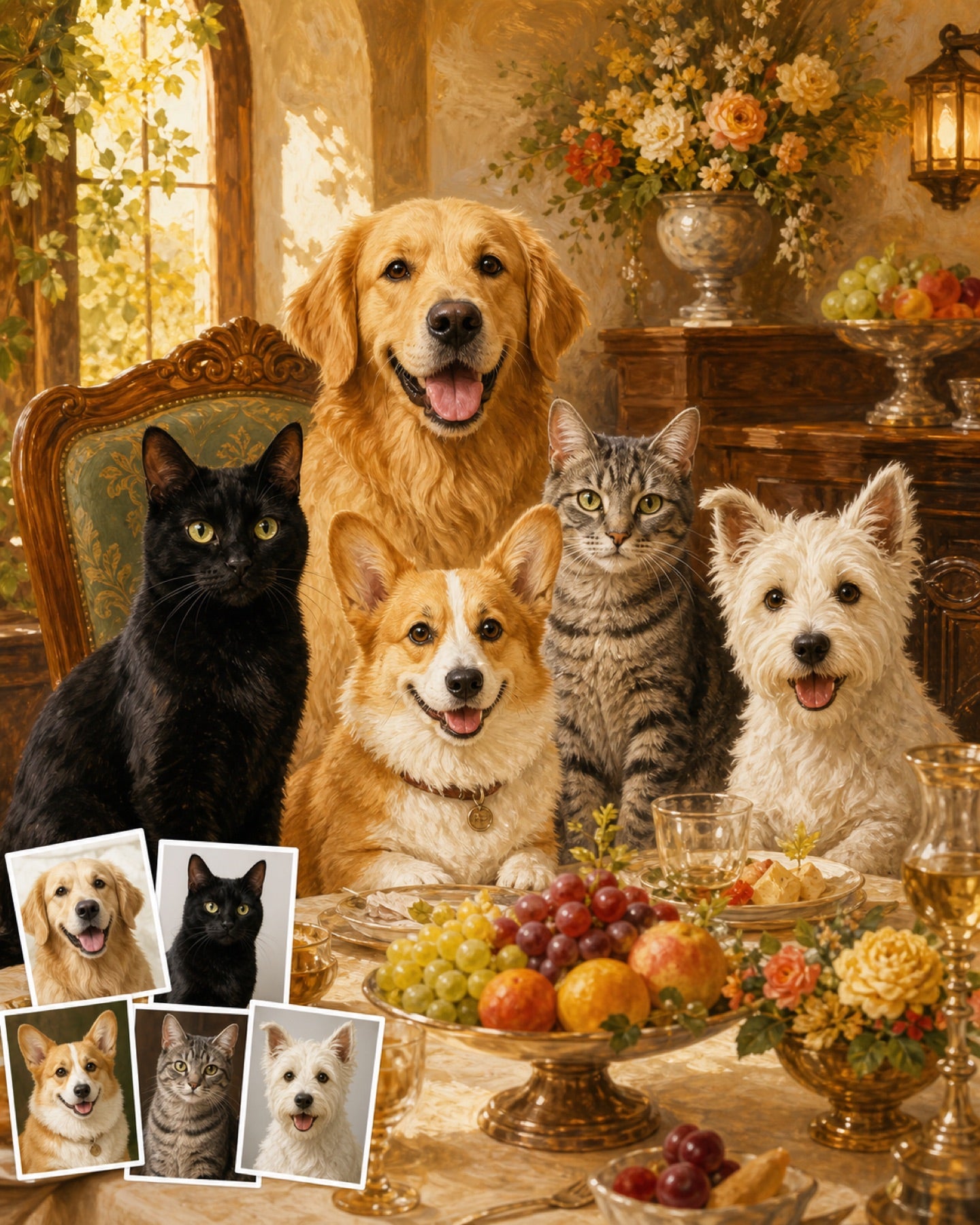 Grand Pet Banquet custom multi-pet portrait from separate photos