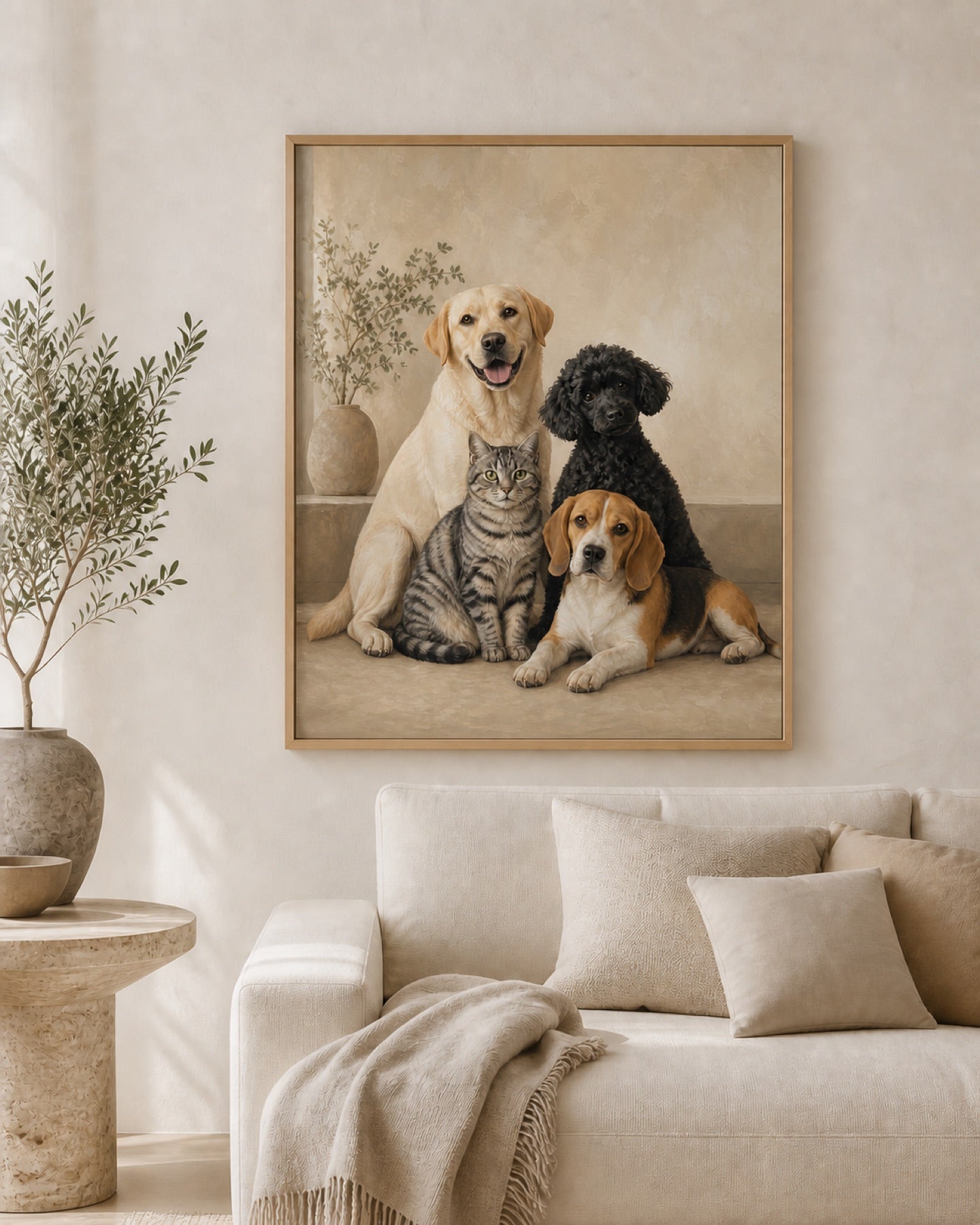 Modern Pet Family portrait displayed in a neutral living room