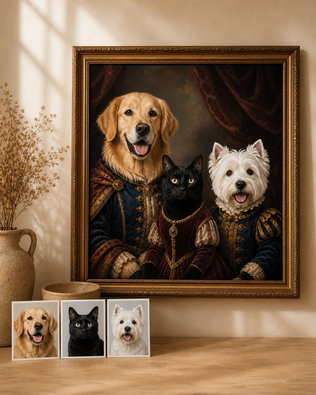 Royal multi-pet family portrait created from three separate pet photos