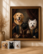 Royal multi-pet family portrait created from three separate pet photos