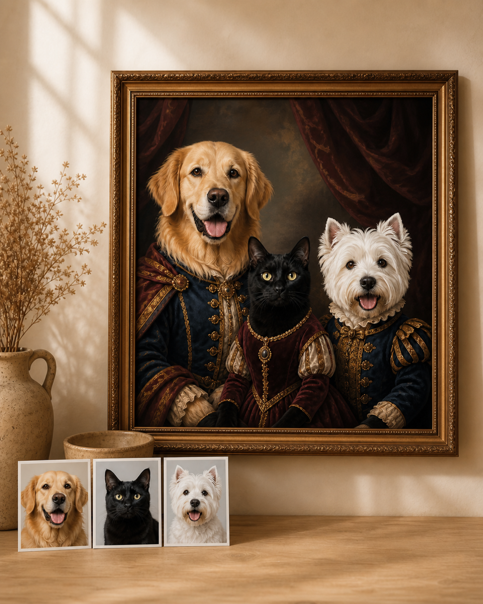 Royal multi-pet family portrait created from three separate pet photos