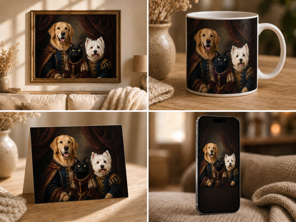Royal multi-pet portrait shown as wall art, mug, greeting card, and phone wallpaper