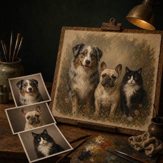 A moody vintage painter studio portrait on an easel brings a blue-merle Australian shepherd, cream French bulldog, and long-haired black-and-white tuxedo cat together, with three matching source-photo cards in the lower left.