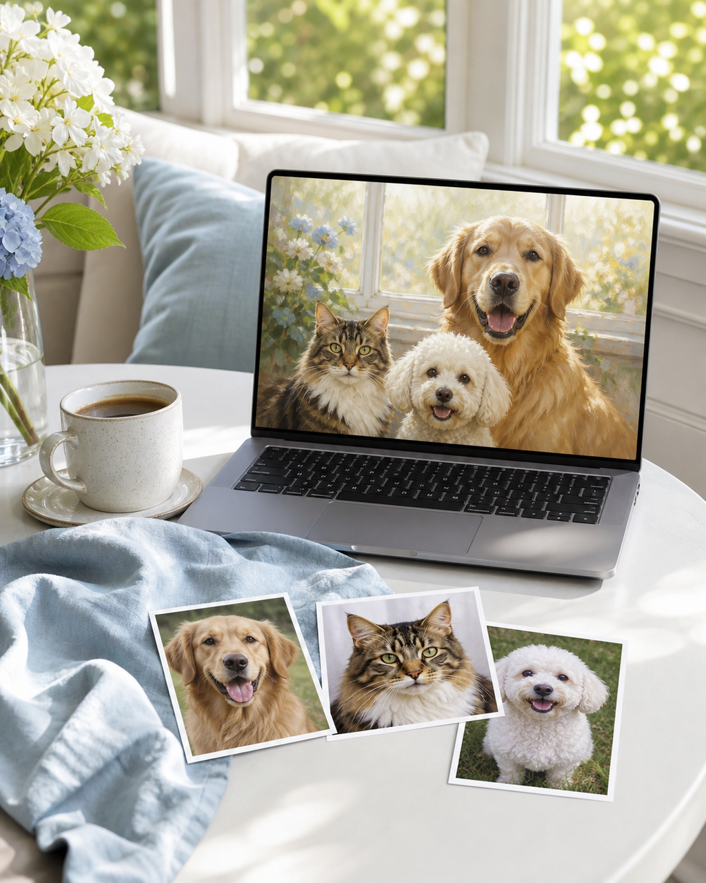 Separate pet photos transformed into a Sunday Morning at Home digital portrait