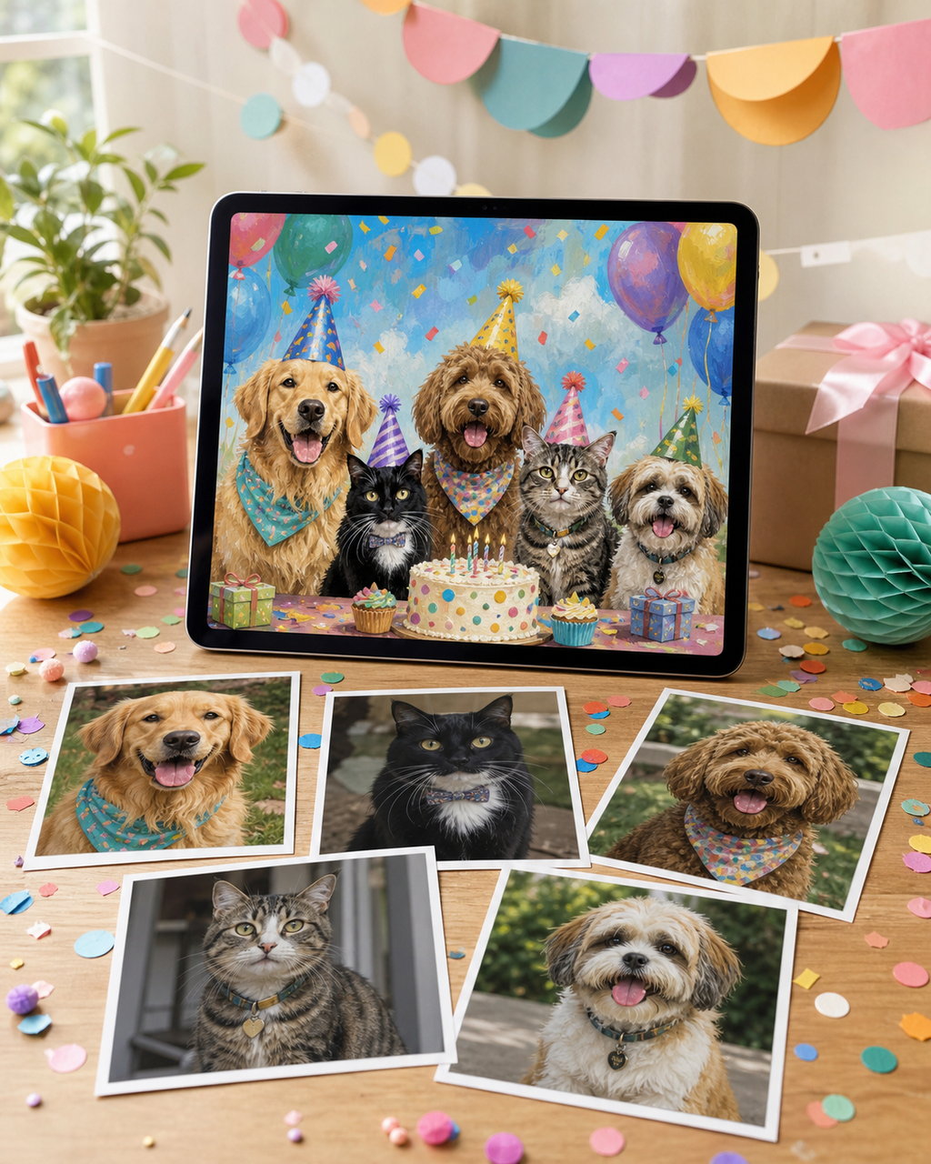 Separate pet photos transformed into The Birthday Pawty digital portrait