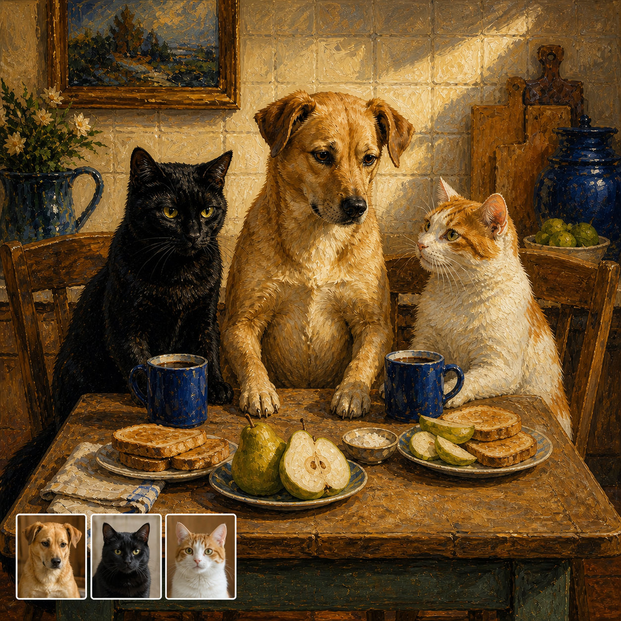 A textured oil-painted breakfast-table portrait shows a tan dog, black cat, and white-and-orange cat, with three matching source-photo cards in the lower left.