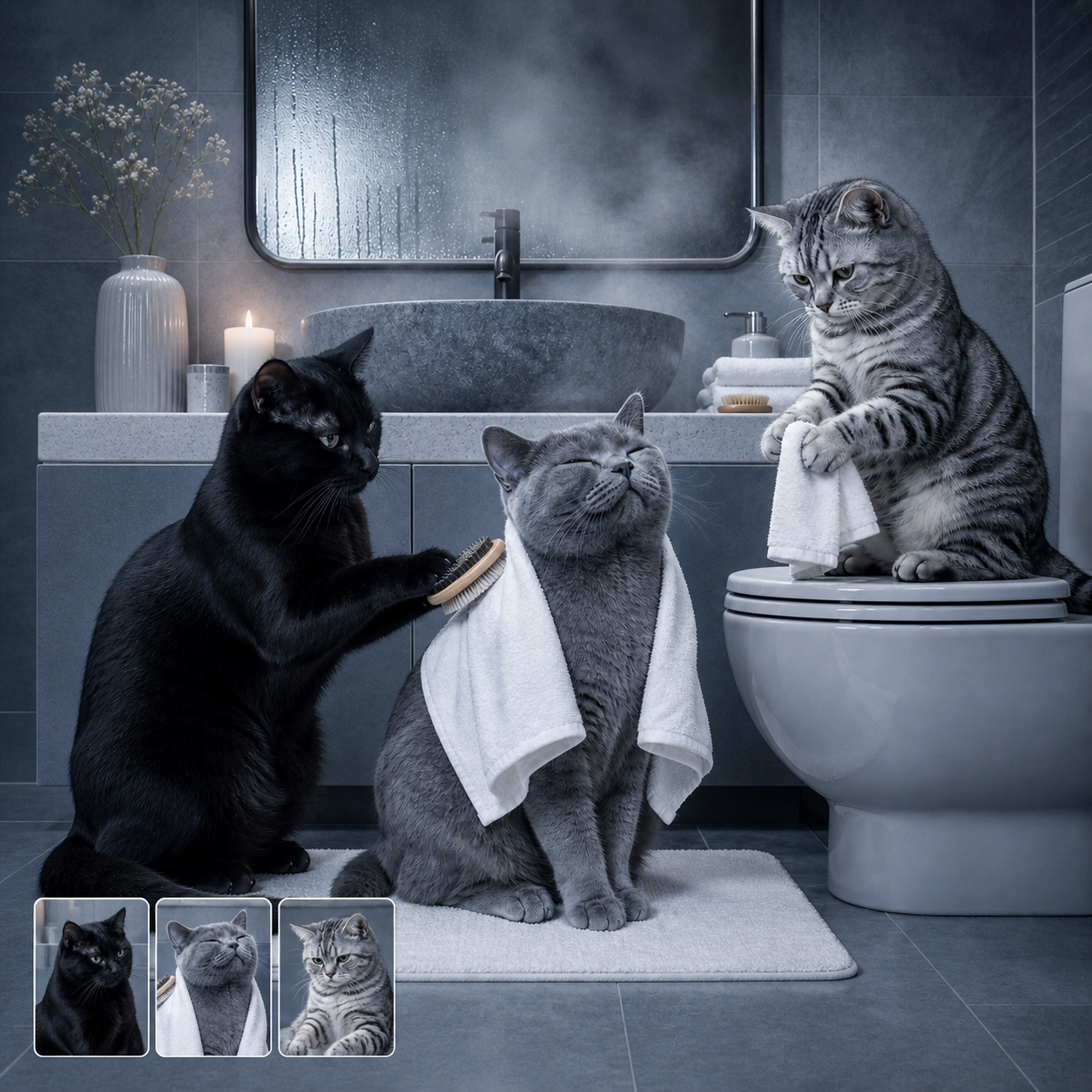 A cool blue-gray cat spa portrait shows a black cat, gray cat, and silver tabby together, with three matching source-photo cards in the lower left.