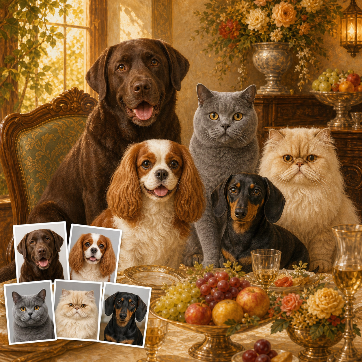 A luminous golden banquet portrait shows a chocolate Labrador, red-and-white Cavalier King Charles spaniel, blue-gray British shorthair, cream Persian, and black-and-tan dachshund together, with five matching source-photo cards in the lower left.