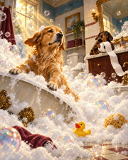 Romantic-era oil-painting-style bathroom spectacle with a golden retriever climbing from a foam-filled clawfoot tub and a dachshund unspooling toilet paper from a vanity.