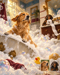 Customization preview using the exact Romantic-era bathroom artwork: a golden retriever climbs from the foam-filled clawfoot tub while a black-and-tan dachshund unspools toilet paper; their two matching source-photo cards sit unobtrusively at lower right.