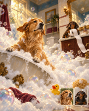 Customization preview using the exact Romantic-era bathroom artwork: a golden retriever climbs from the foam-filled clawfoot tub while a black-and-tan dachshund unspools toilet paper; their two matching source-photo cards sit unobtrusively at lower right.