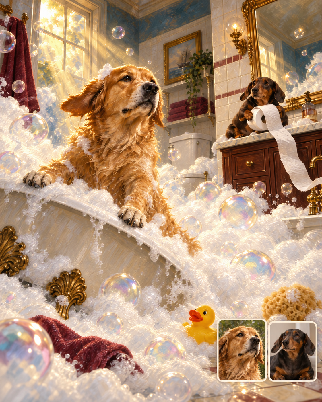 Customization preview using the exact Romantic-era bathroom artwork: a golden retriever climbs from the foam-filled clawfoot tub while a black-and-tan dachshund unspools toilet paper; their two matching source-photo cards sit unobtrusively at lower right.