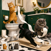 An art-deco bathroom portrait shows an orange tabby, tuxedo cat, and fluffy gray cat playing with toilet paper, with three matching source-photo cards in the lower left.