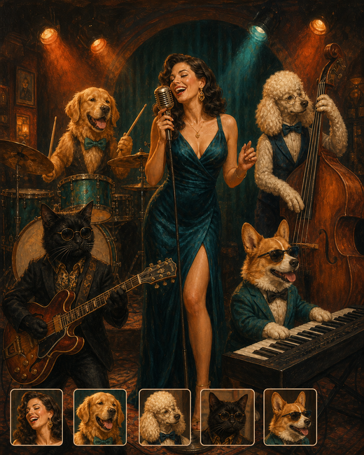 Customization preview for The House Band: singer and four dressed pet musicians; reference cards correspond to the final subjects.