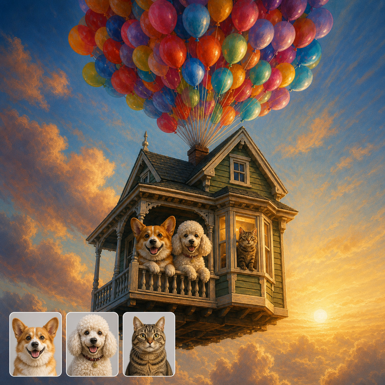 A balloon-lifted green Victorian house carries a corgi, white poodle, and brown tabby cat, with three matching source-photo cards in the lower left.