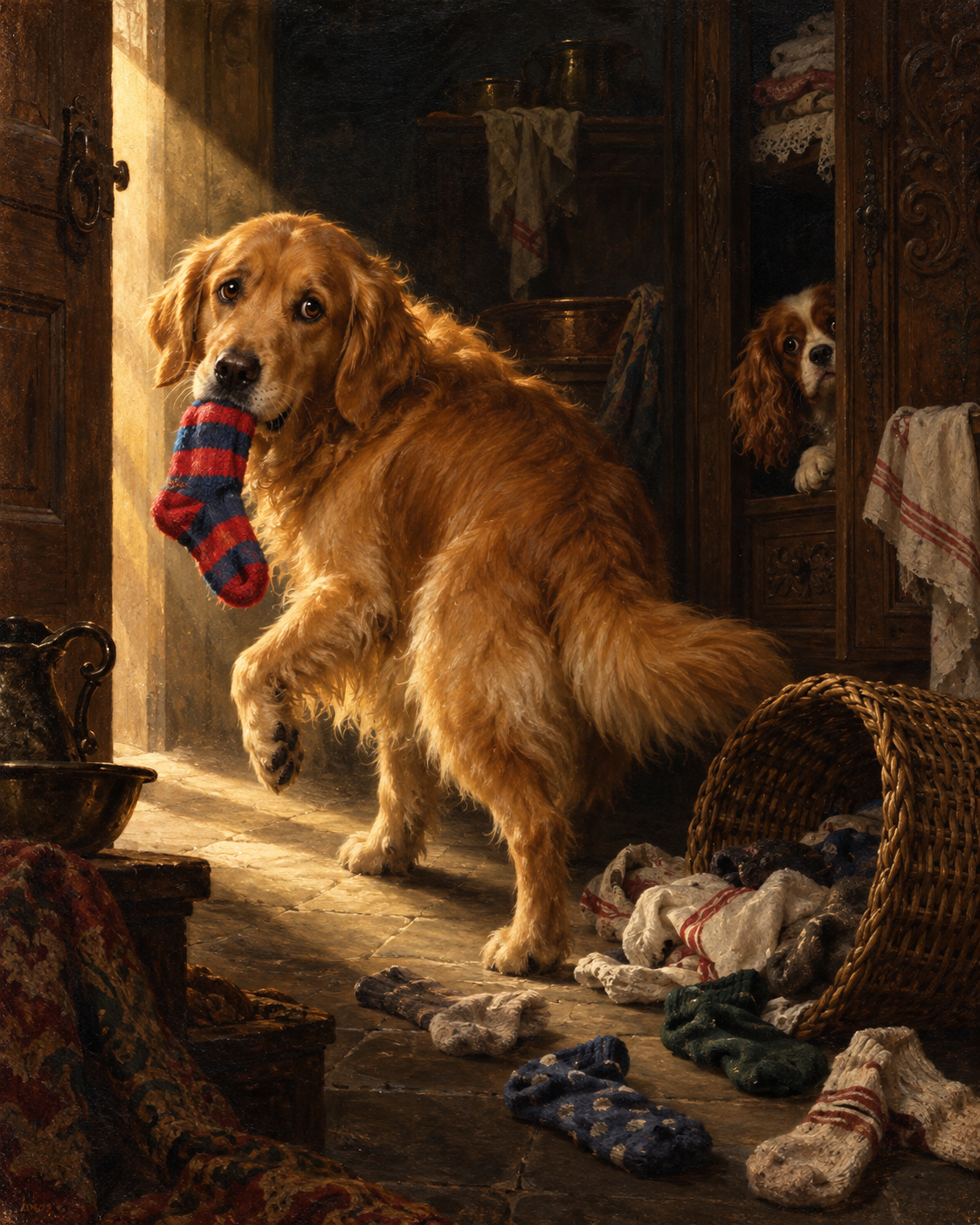 Baroque oil-painting-style laundry crime scene with a golden retriever holding a striped sock and a Cavalier spaniel peeking from the side among overturned laundry.