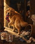 Customization preview using the exact Baroque laundry artwork: a golden retriever holds a striped sock while a Cavalier King Charles spaniel peeks from the cupboard; their two matching source-photo cards sit unobtrusively at lower left.