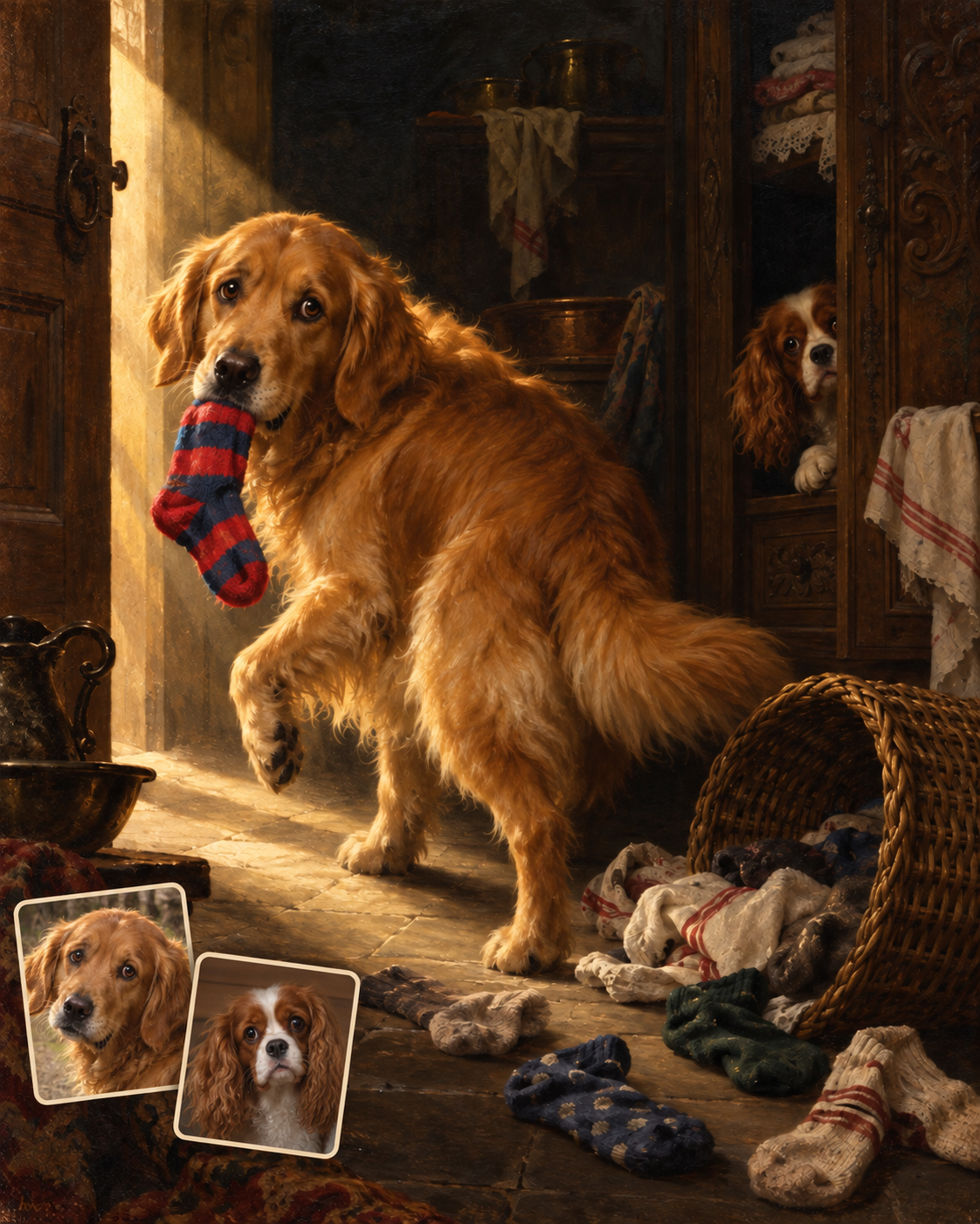 Customization preview using the exact Baroque laundry artwork: a golden retriever holds a striped sock while a Cavalier King Charles spaniel peeks from the cupboard; their two matching source-photo cards sit unobtrusively at lower left.