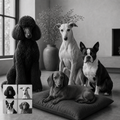 A black-and-white reading-room portrait shows a black poodle, pale whippet, Boston terrier, and dachshund, with four matching source-photo cards in the lower left.