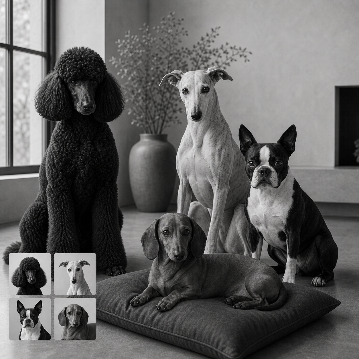 A black-and-white reading-room portrait shows a black poodle, pale whippet, Boston terrier, and dachshund, with four matching source-photo cards in the lower left.