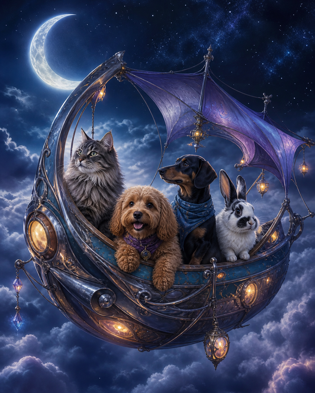 The Moonlight Voyage original fantasy multi-pet digital portrait