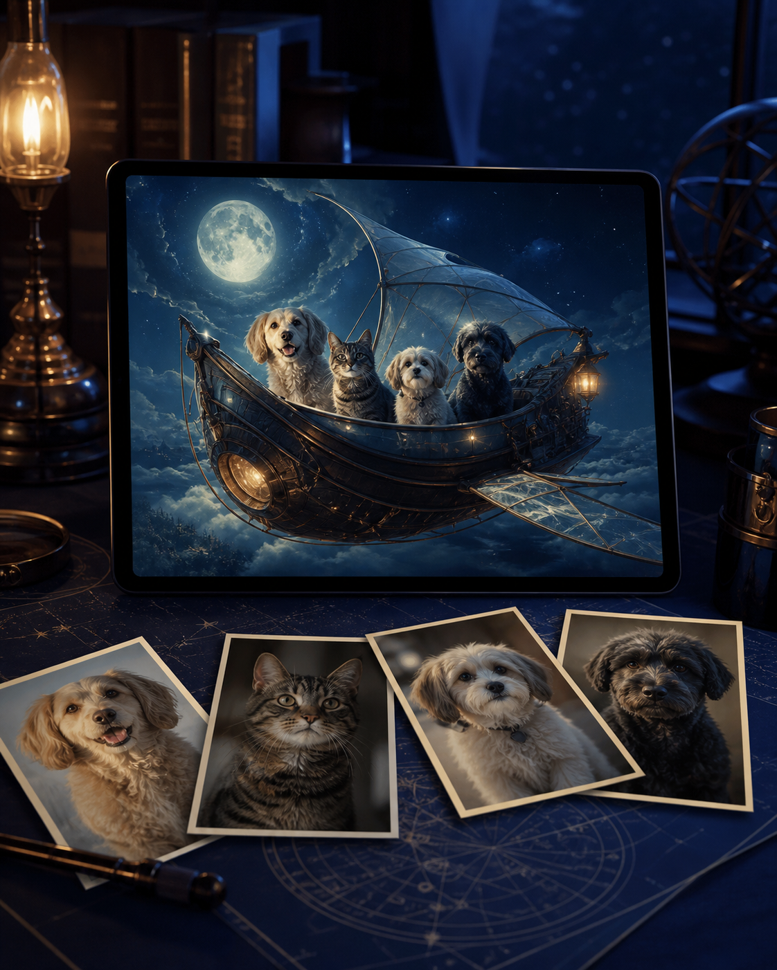 Separate pet photos transformed into The Moonlight Voyage digital portrait