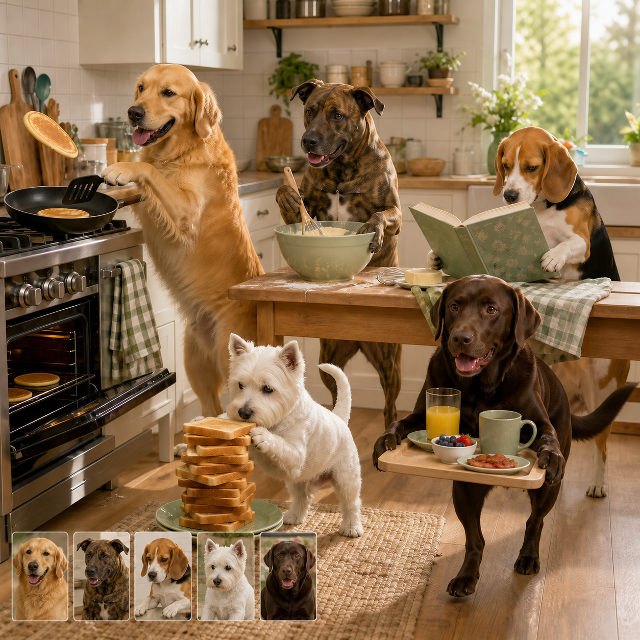 A bright kitchen breakfast portrait brings together a golden retriever, brindle dog, beagle, white terrier, and chocolate Labrador, with five matching source-photo cards in the lower left.