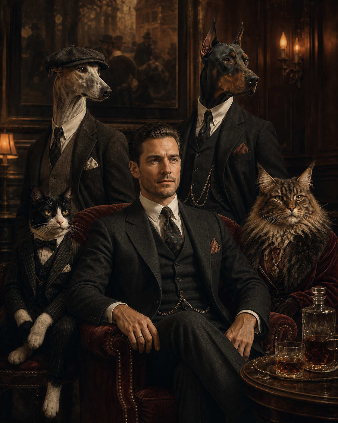 Vintage noir custom Pet & Human portrait with dogs and cats