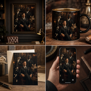 Vintage Pet & Human digital portrait shown as wall art, mug, card and phone wallpaper