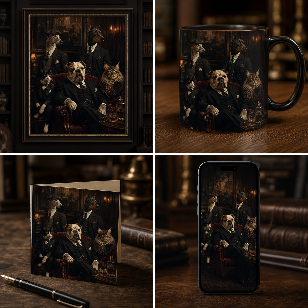 The Velvet Paw Society portrait shown as wall art, mug, greeting card, and phone wallpaper