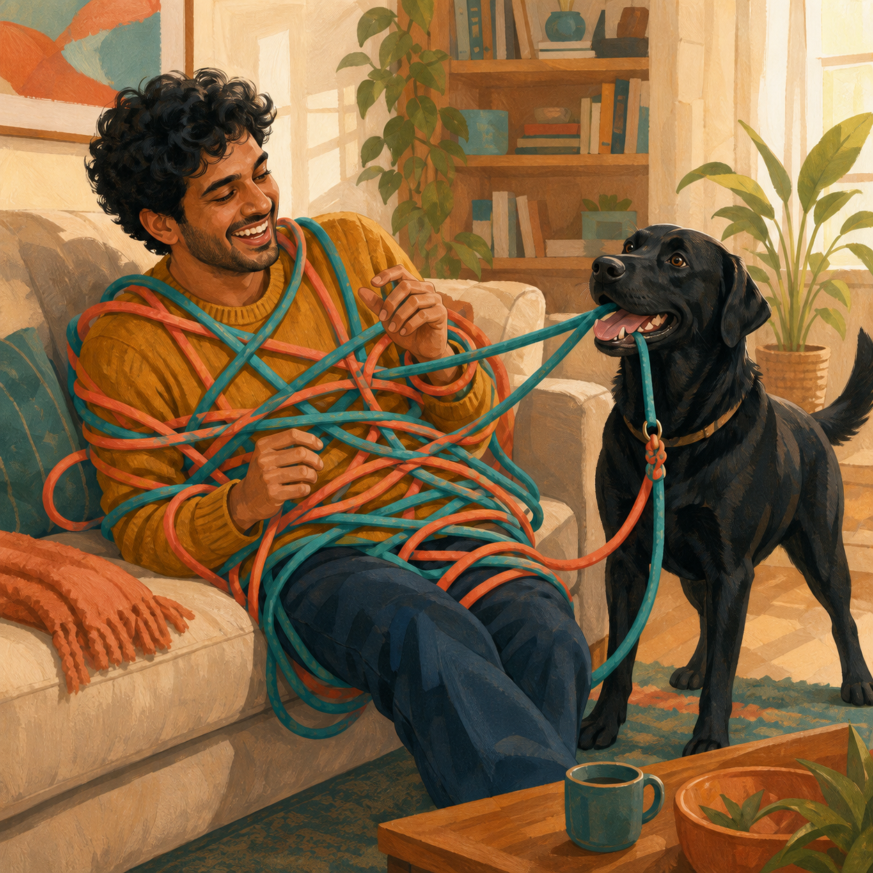 Finished modern gouache portrait of a curly-haired man in a mustard sweater laughing as his black Labrador playfully tangles him in bright loose leashes at home.
