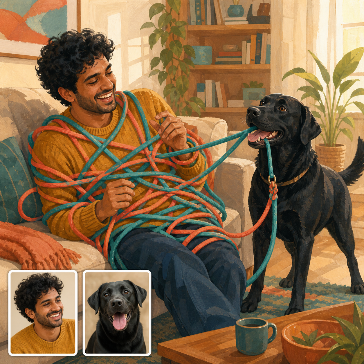 Customization preview of a curly-haired man in a mustard sweater and a black Labrador playfully tangling loose teal and coral leashes in a sunny living room, with matching reference cards.