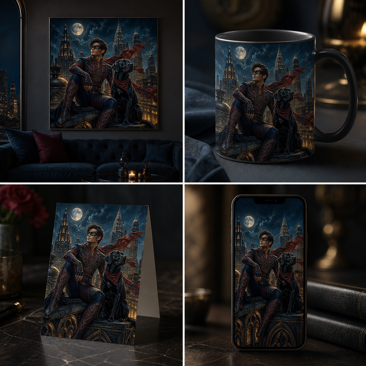 Webbound Guardians portrait shown as wall art, mug, greeting card, and phone wallpaper