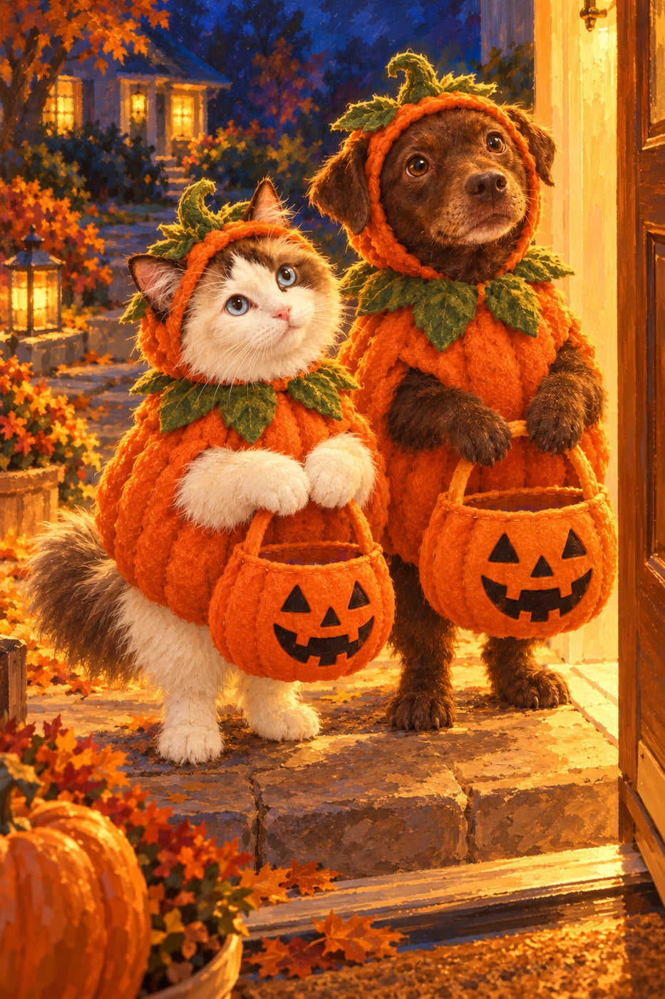 Digital artwork example of Dove and Hedi imagined trick-or-treating